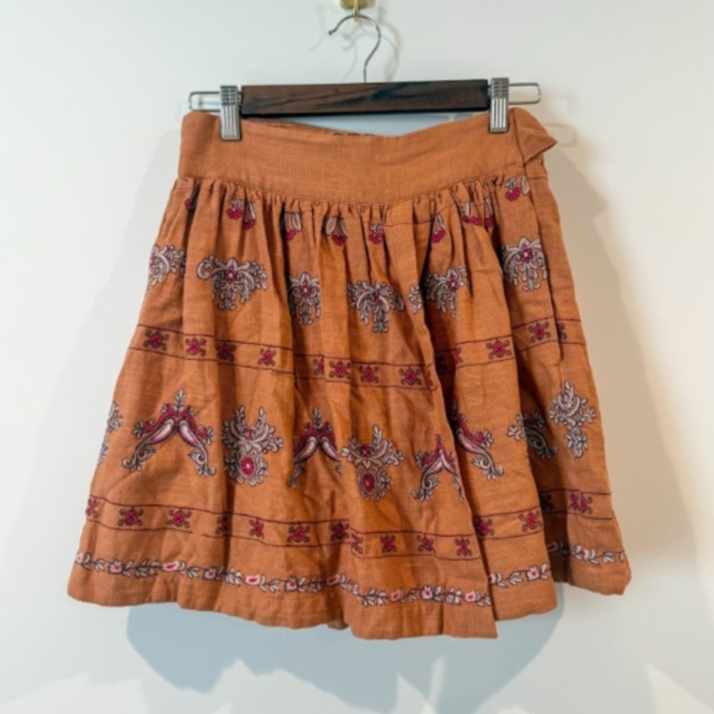Anthropologie Floral Embroidered Mini Skirt - Tan and Pink - Picture 4 of 7